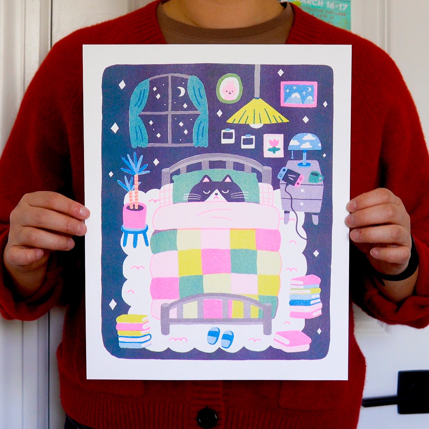 Sleepy Cat Risograph Print