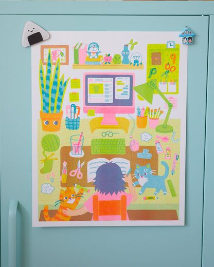 WFH with Cats Risograph Print