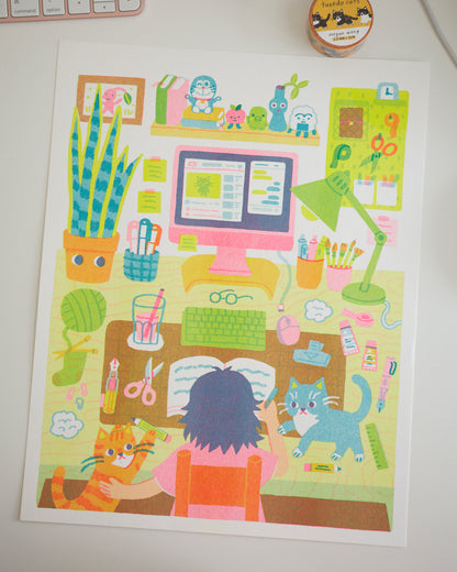 WFH with Cats Risograph Print