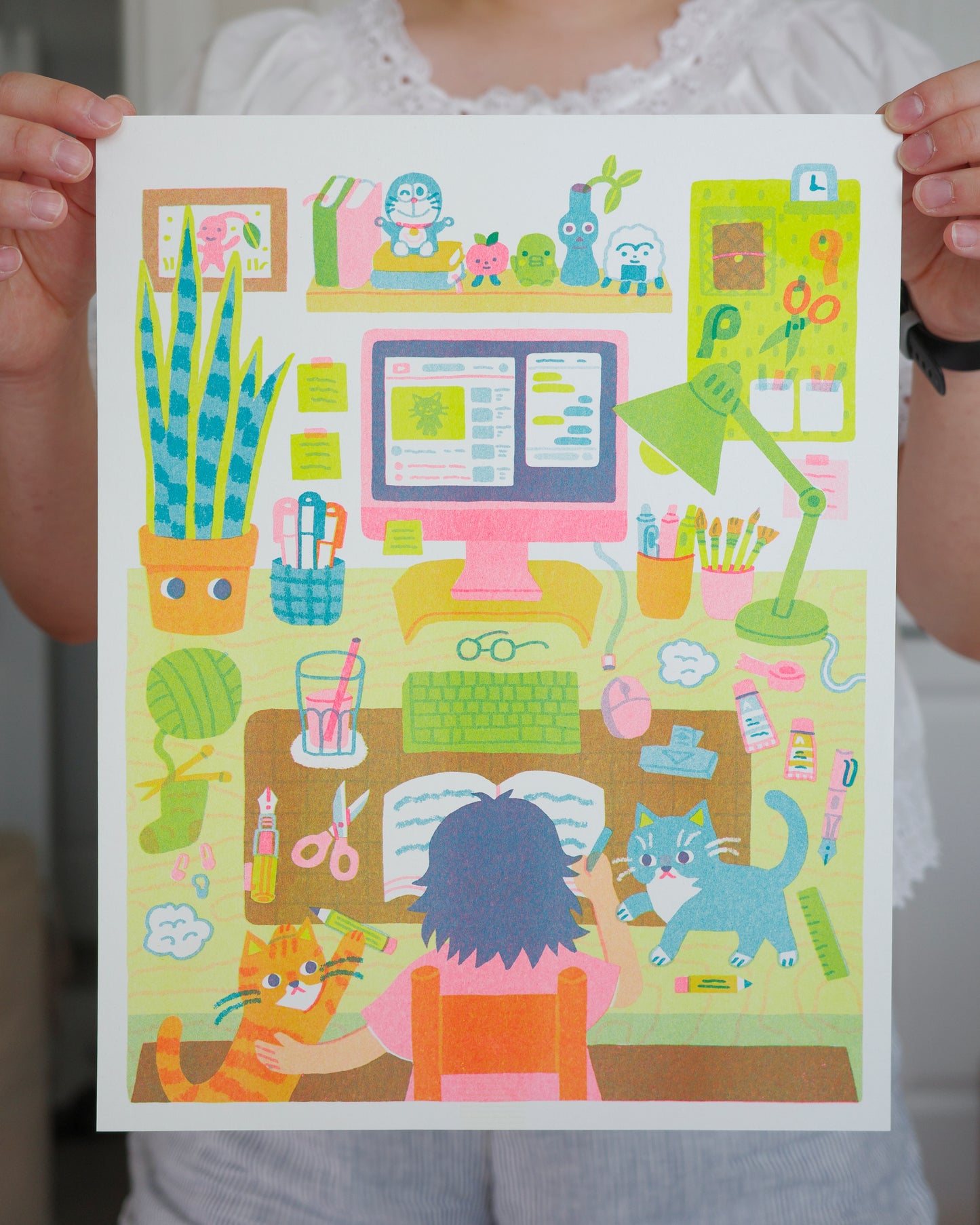 WFH with Cats Risograph Print