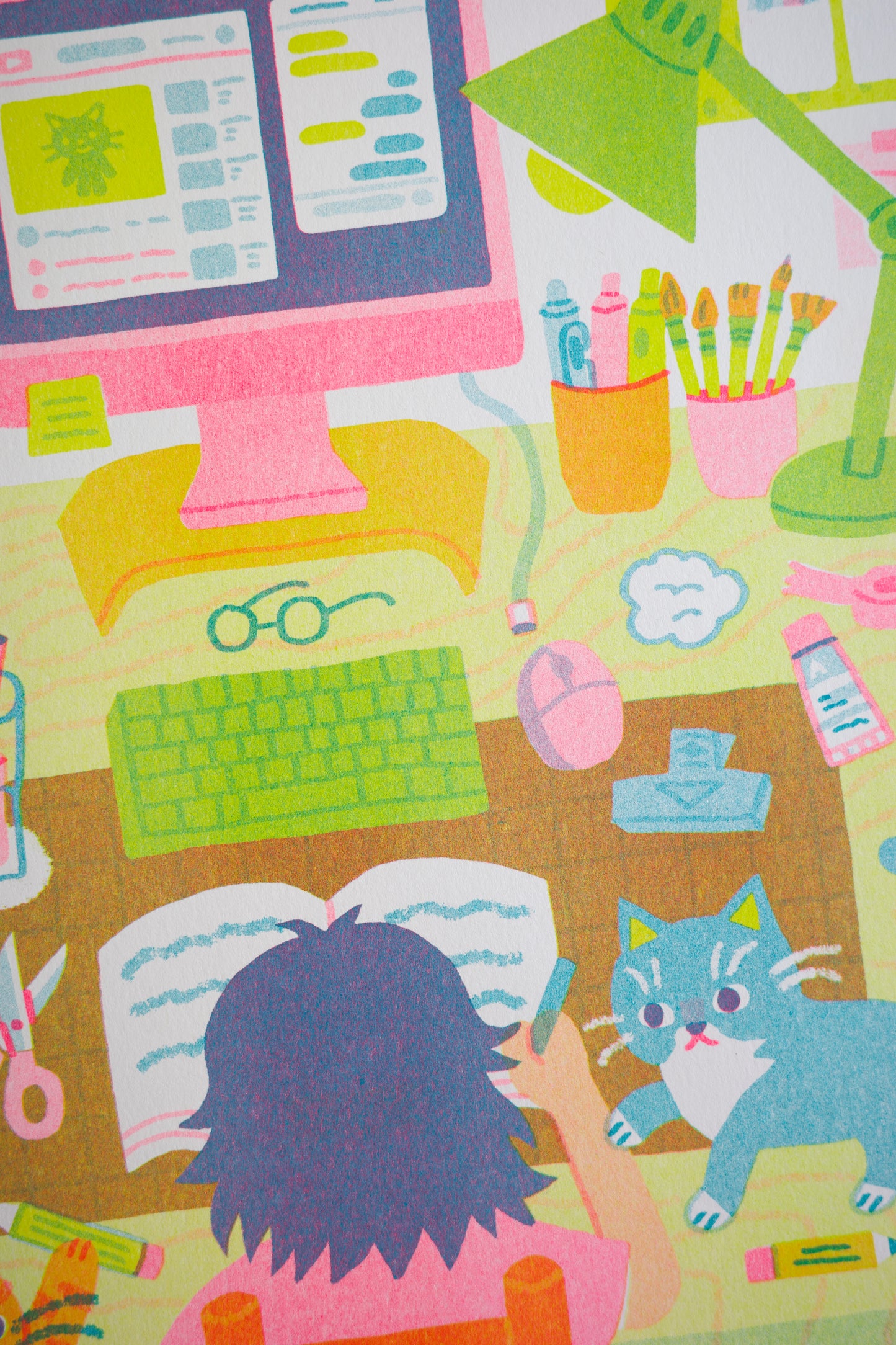 WFH with Cats Risograph Print