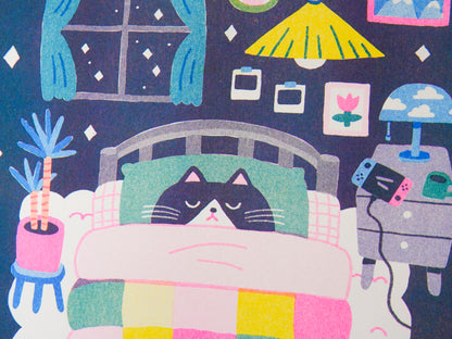 Sleepy Cat Risograph Print