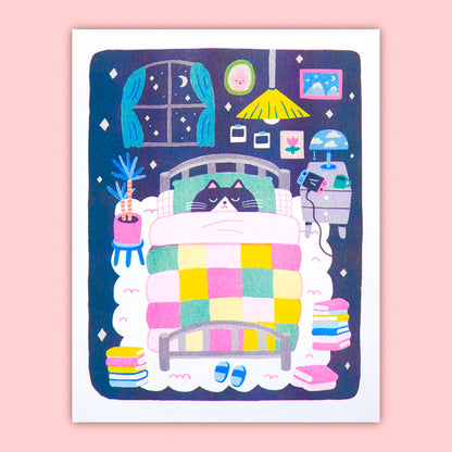 Sleepy Cat Risograph Print