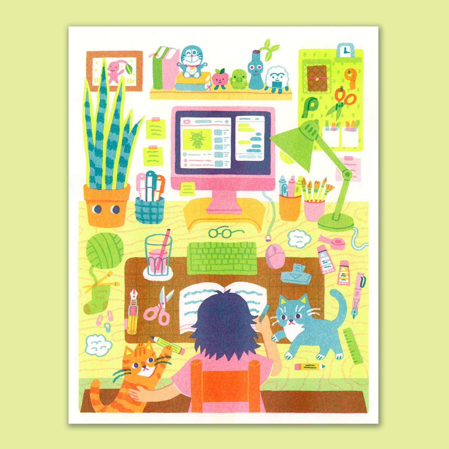 WFH with Cats Risograph Print