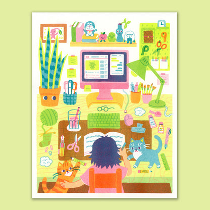 WFH with Cats Risograph Print